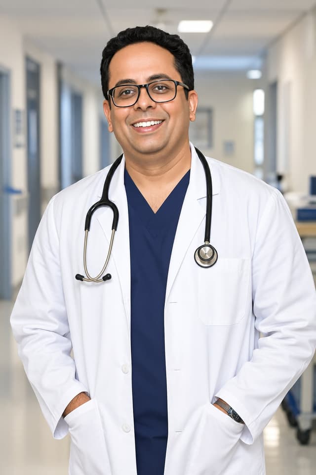 Dr. Ajay Kaduskar in a white coat and navy scrubs standing in a hospital corridor